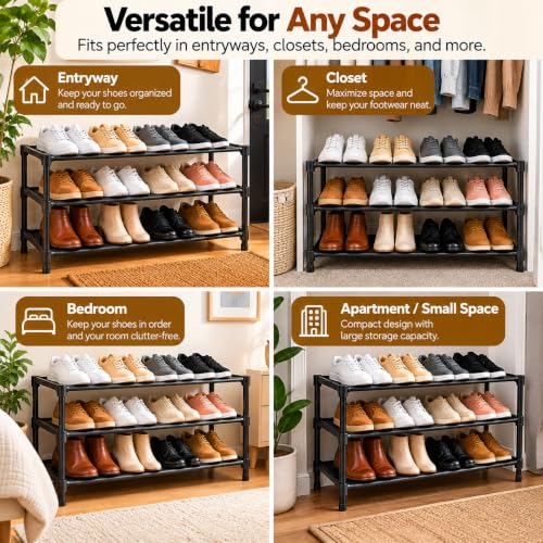3-Tier Stackable Shoe Rack for Small Spaces, Black Shoe Organizer - Image 7