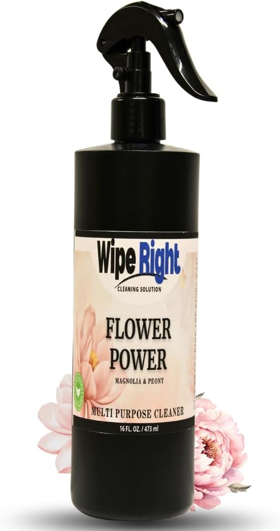Wipe Right Cleaning Solutions-Multipurpose "Flower Power" Cleaner. Plant Based 16 oz. Household Daily Cleaner. Magnolia & Peony Scented. Use in Kitchen, Bathroom, countertop,Walls,Fridge,Stove