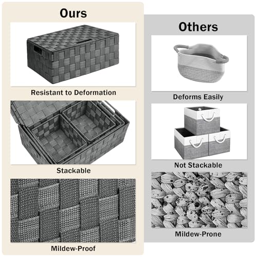 Storage Baskets with Lids: 5 Pack Stackable Woven Storage Bins - Image 6