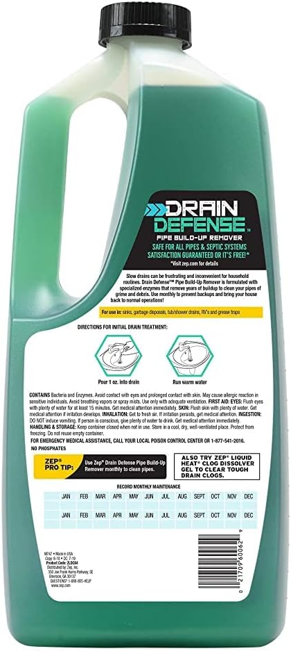 Zep Drain Defense Pipe Build-Up Remover - 64 Ounces - ZLDC648 & Drain Defense Enzymatic Drain Cleaner Powder - 18 Ounces - ZDC16 - Safe for Pipes