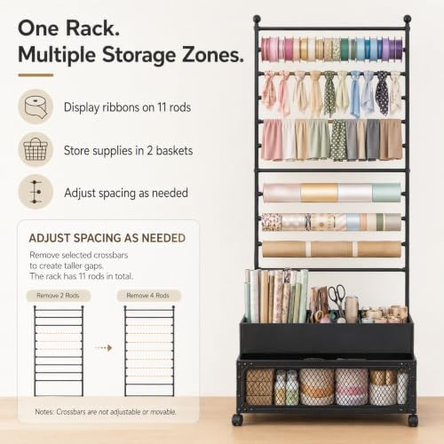 11-Rod Ribbon Storage Organizer Rack,Metal Roll Holder w/ - Image 7