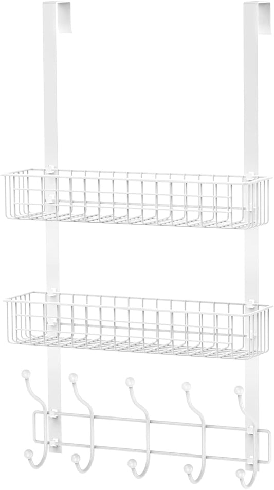 Coat Rack, Over The Door Hanger with Mesh Basket, Detachable Storage Shelf for Towels, Hats, Handbags, Coats (White-2 Baskets)