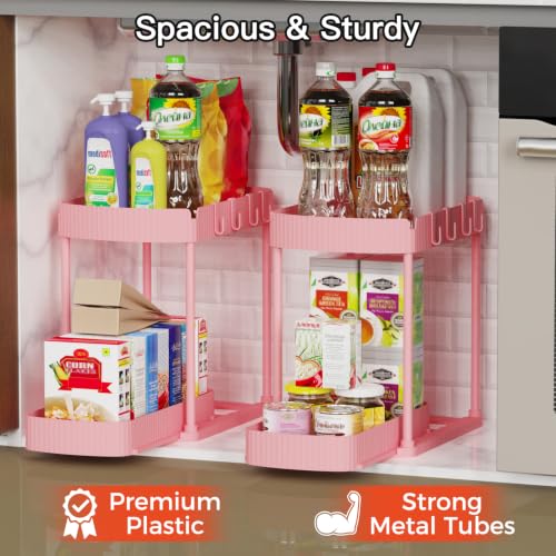2 Packs Under Sink Pull-Out Storage Organizers, 12.8 Inches, Pink - Image 4