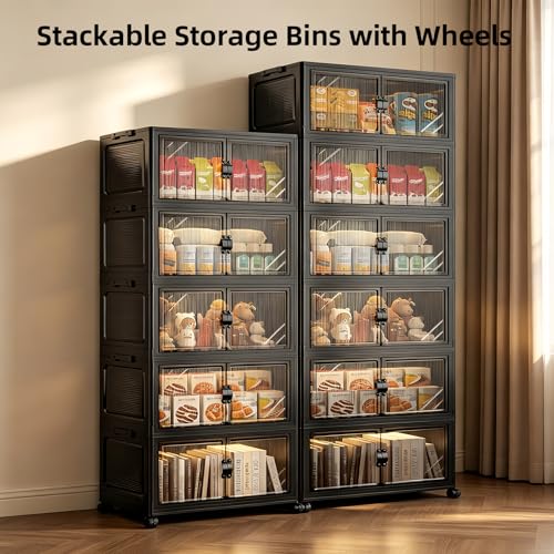 291QT Foldable Storage Cabinet with Wheels & Lid, 6-Tier Black - Image 3