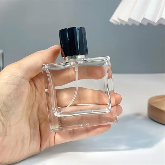 Glass Perfume Bottle Empty Refillable 8Pack Clear Travel Perfume Spray Atomizer Bottle 50ml Perfume Fine Mist Spray Perfume Bottle Atomizer Container with Sprayer Applicator (Flat Square 50ml 8PCS)