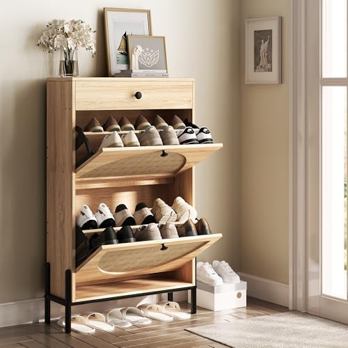 IRONCK Narrow Shoe Cabinet with 2 Flip Drawers and Rattan - Image 8