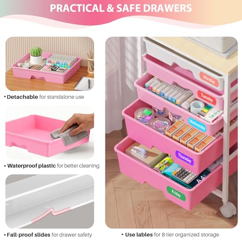 Rolling Cart with 5 Drawers for Craft, Art, Dorm, Office, Pink - Image 4