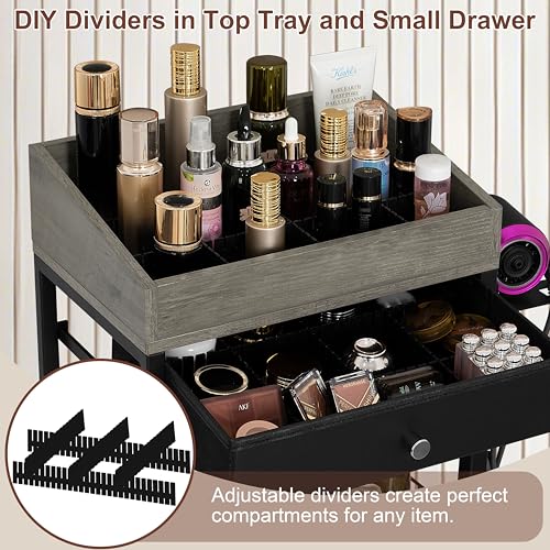 Makeup Organizer Cart, 3 Drawers, Rolling Storage, Black & Gray - Image 6
