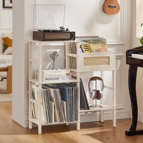 LELELINKY Record Player Stand, White Cream Oak Wood Record - Image 2
