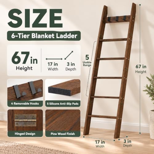 6-Tier Blanket Ladder for Living Room 5.6FT Pine Wood - Image 3