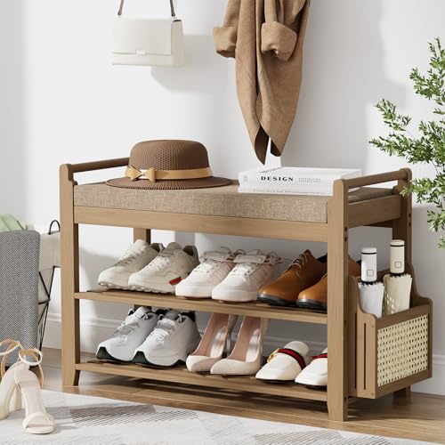Homaxy 2-Tier Shoe Rack Bench, 28.2 in, Walnut and Light Brown - Image 2