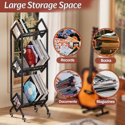 3 Tier Vinyl Record Storage Rack with Casters, Black Metal - Image 6