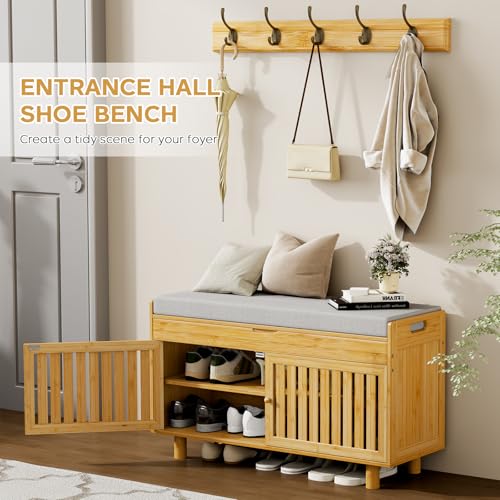Shoe Storage Bench Coat Rack Set, 35.4" Bamboo Hall Tree - Image 6