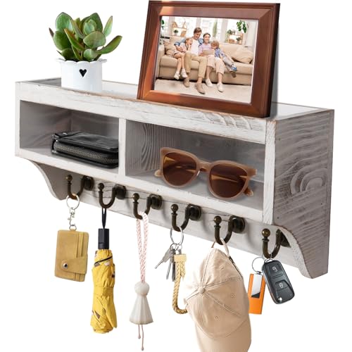 Key Holder Wall Mount with Mail Organizer, 6 Hooks & Shelf, White - Image 2