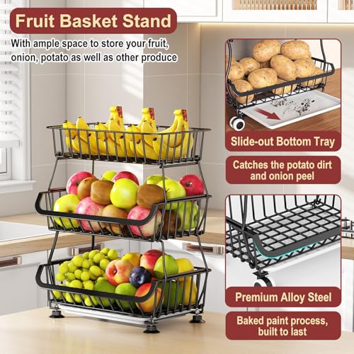 3-Tier Rolling Pantry Cart with Wheels, Stackable Wire Storage - Image 7