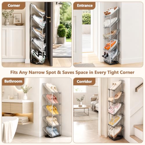 Slanted Narrow Shoe Rack 5 Tiers, Slim Depth Vertical Shoe Shelf - Image 7