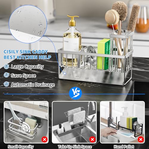 Cisily Sink Caddy Sponge Holder for Kitchen, 304 Stainless Steel - Image 3