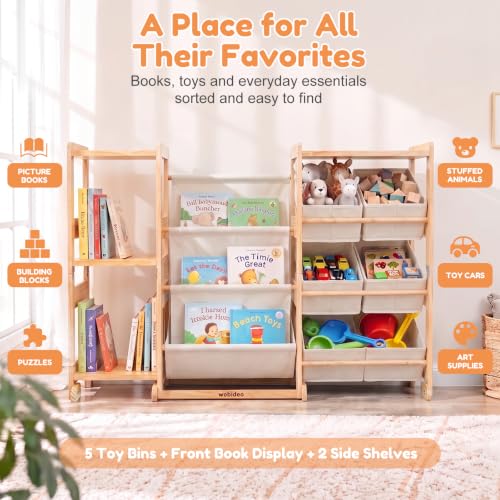 Kids Bookshelf & Toy Storage Organizer with 5 White Bins - Image 4