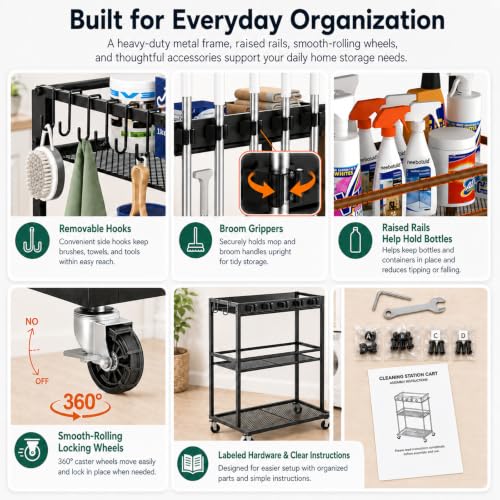 Cleaning Supplies Organizer Cart with Wheels, Broom and Mop - Image 8