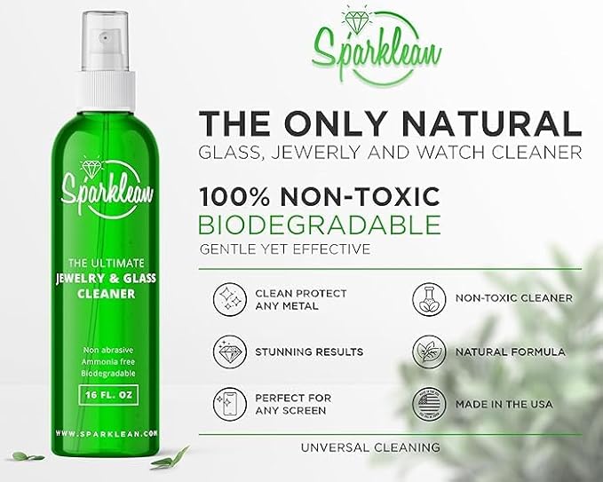SPARKLEAN Jewelry & Glass Cleaner Spray (16 Oz) - Biodegradable, Ammonia-Free Solution for Gold, Silver & Diamond Rings - Safe for Ultrasonic Machines - Eco-Friendly - Value Size