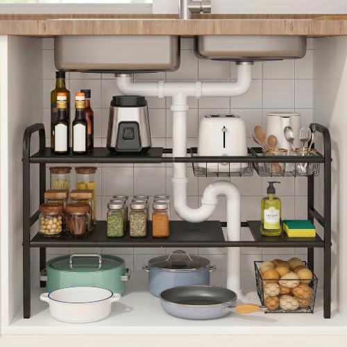 Expandable 2 Tier Under Sink Organizer, Black, 28.74 | Under Sink Stor - Image 2