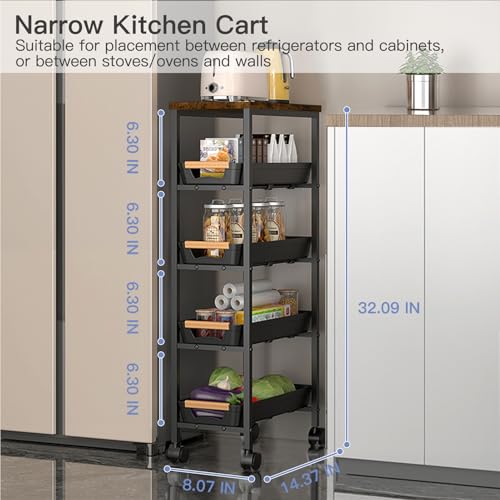 5 Tier Narrow Slim Rolling Cart Wood Top Storage Cart Black - Image 4