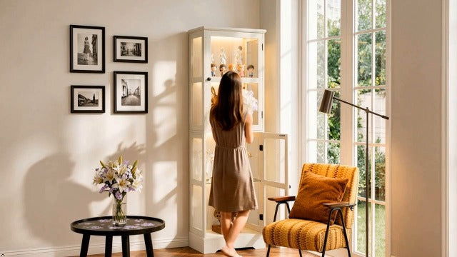 LED Curio Cabinet with Glass Doors, Smart Narrow Collectible - Image 8