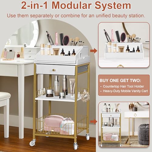 Makeup Organizer Cart, Rolling Vanity Storage, Gold and White - Image 4