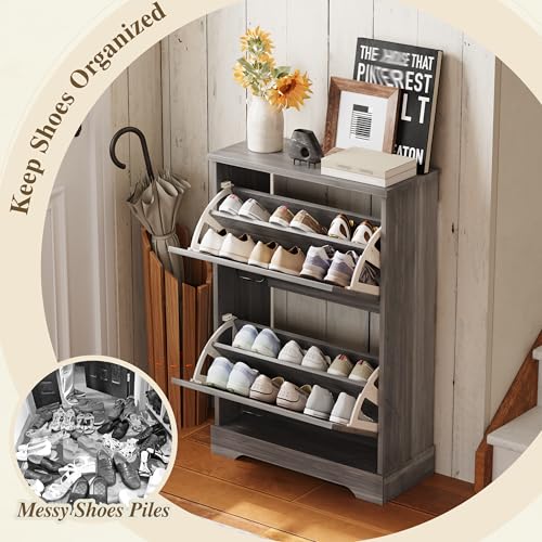 Farmhouse Shoe Storage Cabinet with 2 Flip Drawers | Home Organization - Image 6