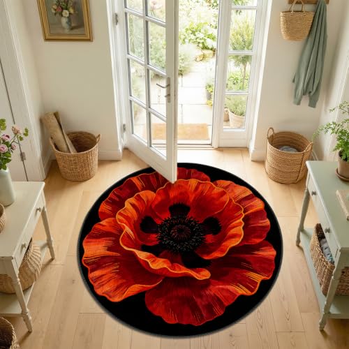 ANNA QUEEN Red Poppy Flower Round Area Rug 4ft,Washable Non-Slip - Image 4