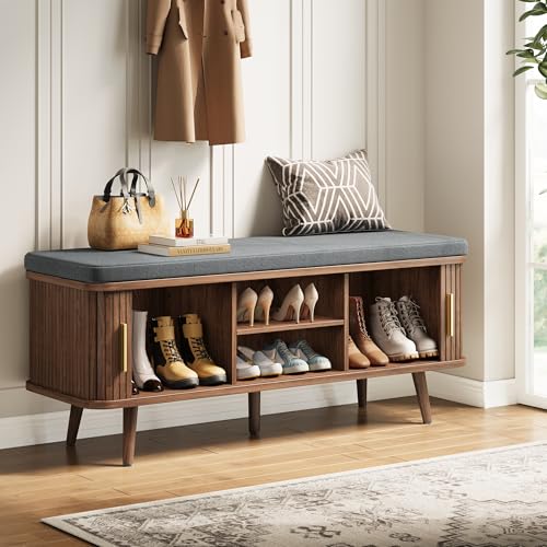 Decofy Shoe Storage Bench with Cushion and Sliding Doors - Image 4