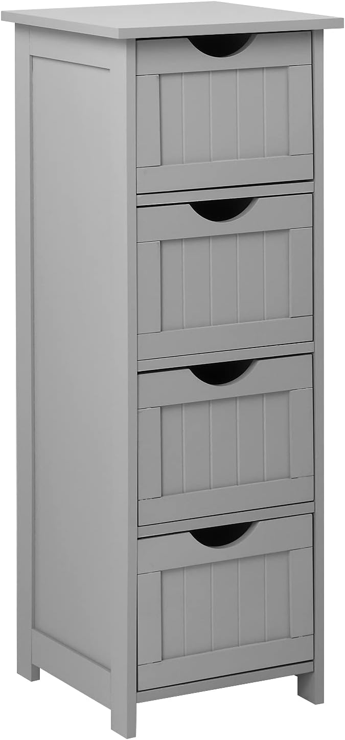 Bonnlo Bathroom Organizer and Storage Wooden Side Bathroom Cabinet with 4 Drawers Free Standing Cabinet White for Bathroom Bedroom Living Room Hallway, 11 13/16" x11 13/16" x32 3/8" (Grey)