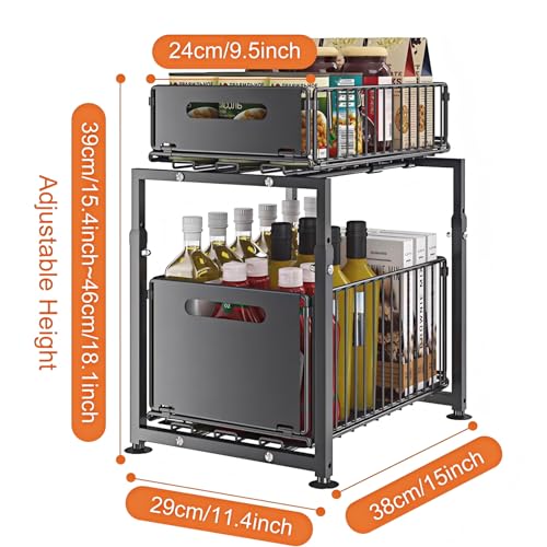Under Sink Organizer, 2-Tier Multi-Use Kitchen and Bathroom Organizers and Storage, Slide Out Thickened Metal Under The Sink Organizer for Kitchen Bathroom Pantry (Style A Black, 2