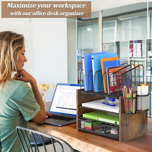 DAOUTIME 4-Tier Mesh Desk Organizer, Wooden Desk File Organizer - Image 3