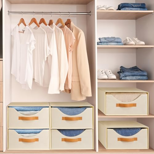 4 Pcs Pull-Out Stackable Storage Drawers for Closet, Beige - Image 3