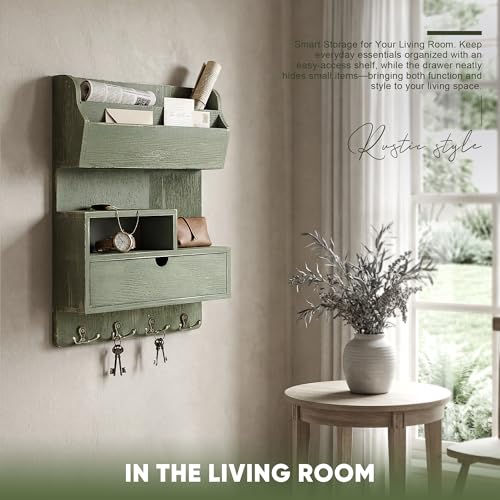Pine Wood Key Holder Wall Mount with Drawer & Mail Slot, Green - Image 5