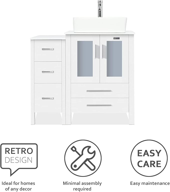 eclife 36" Modern Bathroom Vanity Sink Combo Freestanding Cabinet with Small Side Cabinet, White Rectangle Ceramic Vessel Sink, Water Save Faucet, Drain (White+T03)