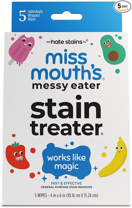 Miss Mouth's Messy Eater Stain Treater Wipes - 5 Pack Stain Remover - Newborn & Baby Essentials - No Dry Cleaning Food, Grease, Coffee Off Laundry, Underwear, Fabric