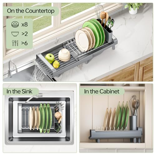TOOLF Small Dish Drying Rack, Expandable and Space-Saving, Gray - Image 4