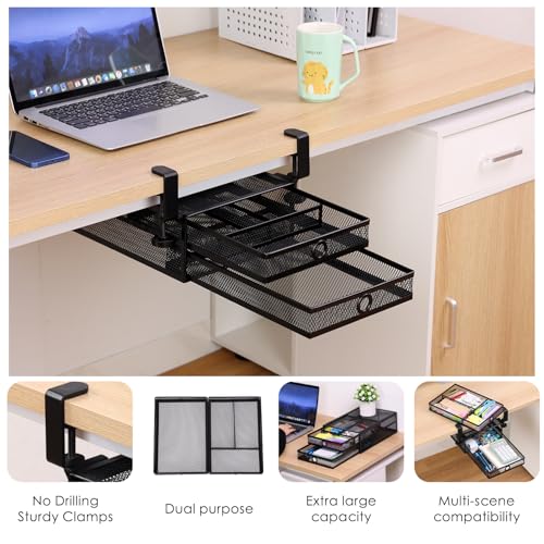 Under Desk Drawer, Clamp on Desk Organizer Slide Out Table Storage No Drill