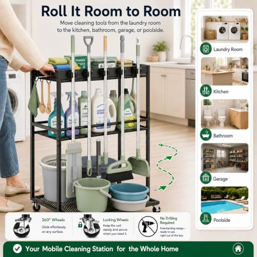 Cleaning Supplies Organizer Cart with Wheels, Broom and Mop - Image 6