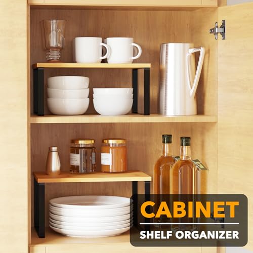 SpaceAid Cabinet Shelf Organizers 2 Pack, Kitchen Counter Rack Shelves Riser, Stackable Expandable Spice Rack, Pantry Cupboard Storage Organization (Black and Natural, Short) - Image 4