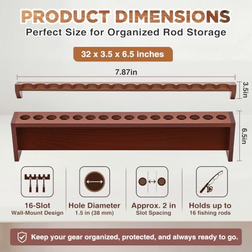 16-Rod Fishing Rod Rack, Wall Mount Oak Wood Pole Holder, Walnut - Image 4