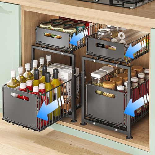 Under Sink Organizer, 2-Tier Multi-Use Kitchen and Bathroom Organizers and Storage, Slide Out Thickened Metal Under The Sink Organizer for Kitchen Bathroom Pantry (Style A Black, 2