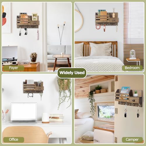 Key Holder Wall Mount, Wooden Key and Mail Organizer, Brown - Image 7