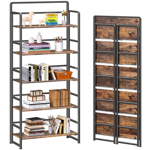 No Assembly 5 Tier Folding Bookshelf Tall Storage Shelves - Image 2