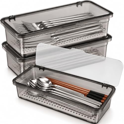 Cabilock 3 Pack Silverware Organizer with Lid, Black - Image 2