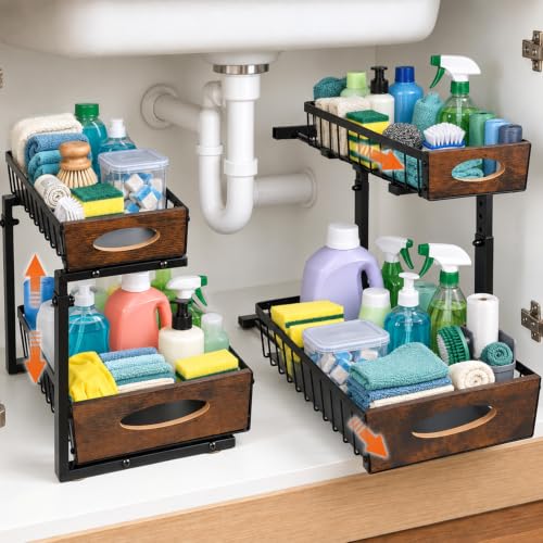 Under Sink Organizer with Wooden Handles, 2 Tier Pull Out Shelf - Image 2
