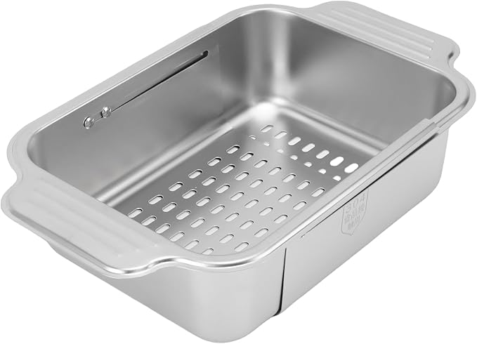 AYNEFY Extendable Over The Sink Basket Expandable Stainless Steel Colander 304 Food Grade Strainer for Washing Vegetables Fruits Pasta Dishes with Rubber Grip Handles (L)
