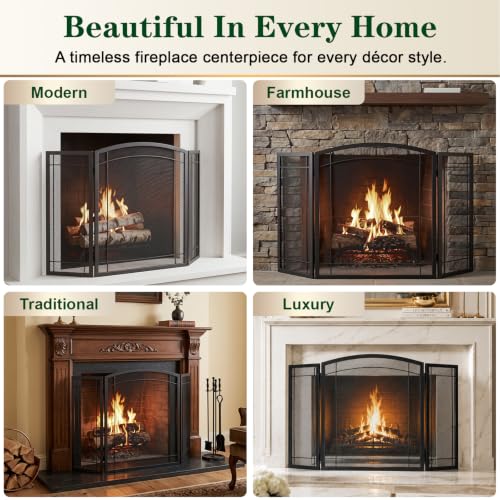 48"W X29"H Wrought Iron Fireplace Screen, 3-Panel Spark Guard - Image 4